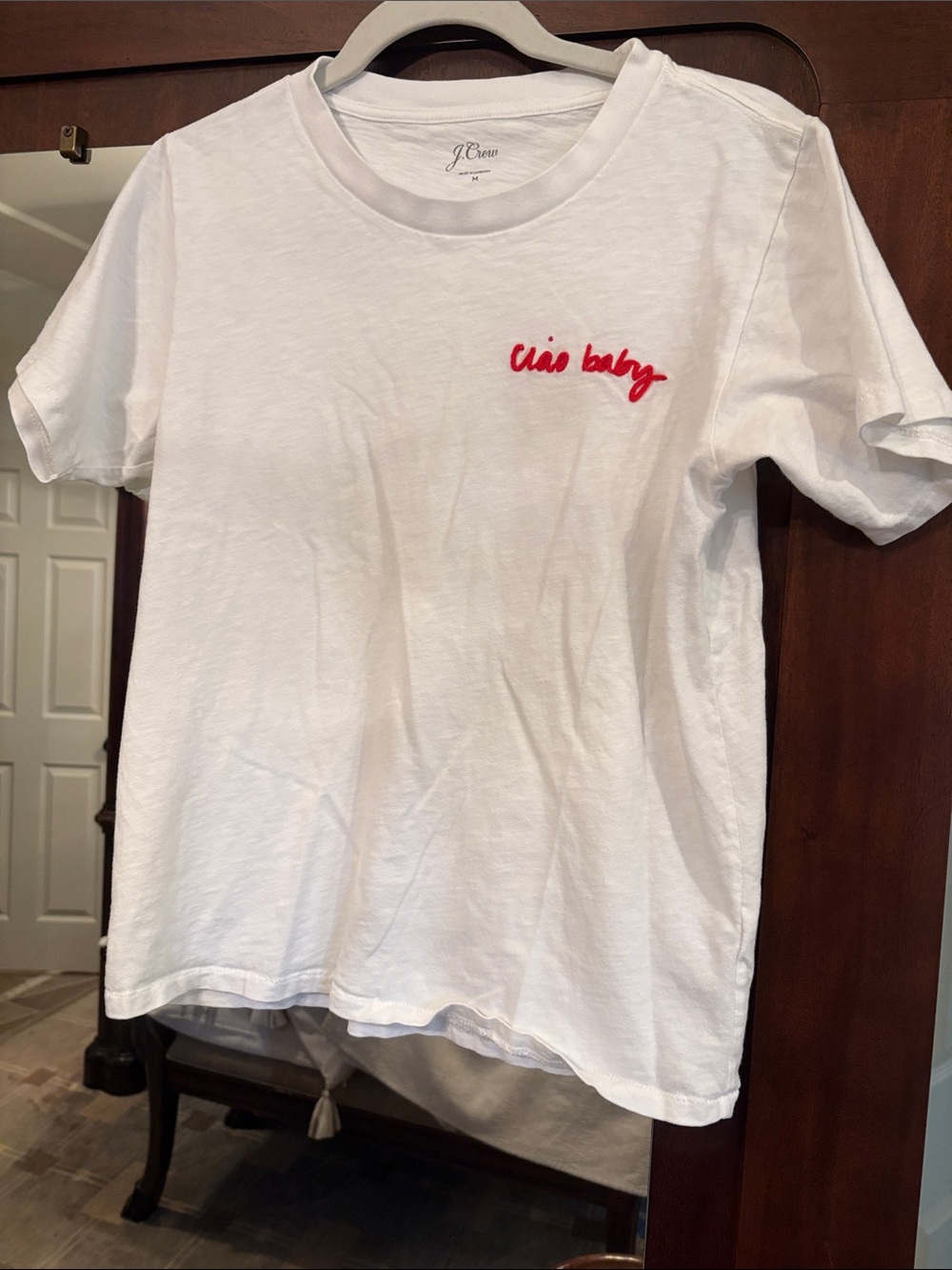 J. Crew Woman’s White Tee with Red "Ciao Baby" Embroidery